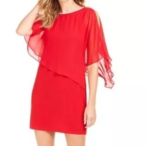 MSK Red Rhinestone-trim  Asymmetrical Chest Overlay Sheath Dress